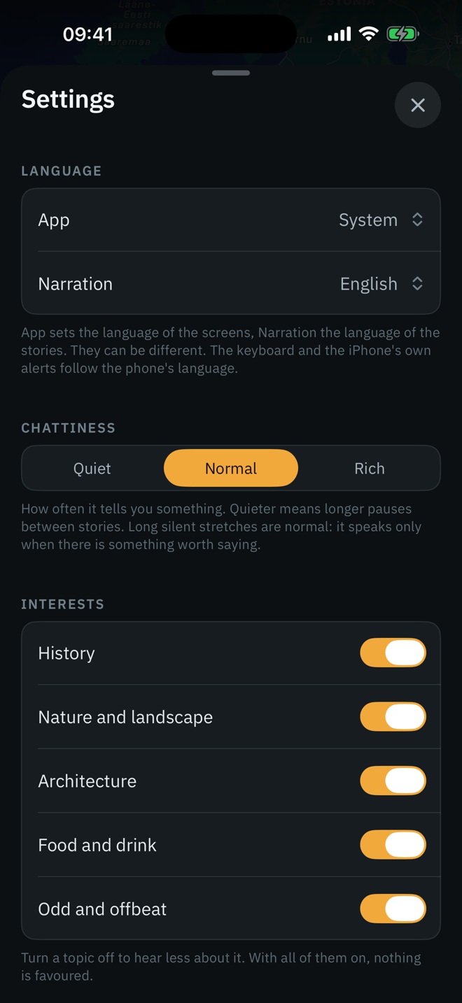 Settings: narration language, chattiness set to Normal between Quiet and Rich, and interest toggles for history, nature and landscape, architecture, and food and drink.